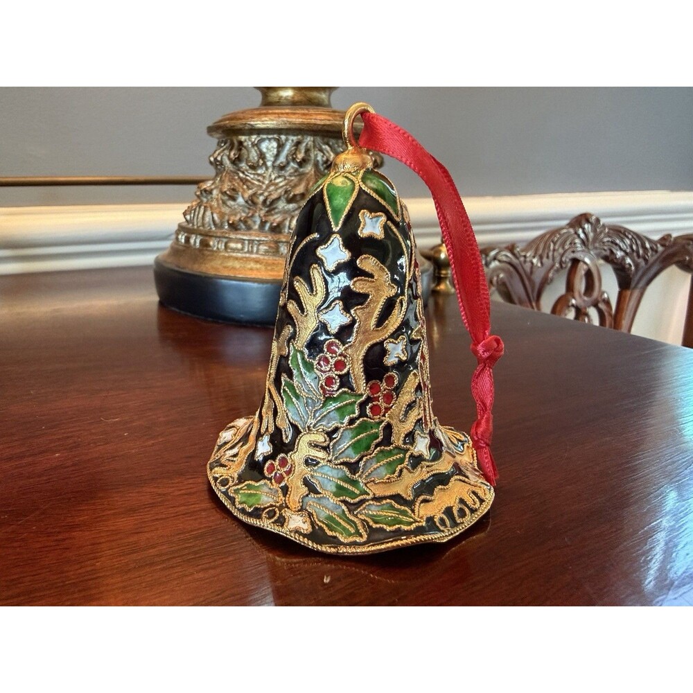 Vintage Cloisonne Christmas Bell Ornament with Holly Berries Design Black Gold